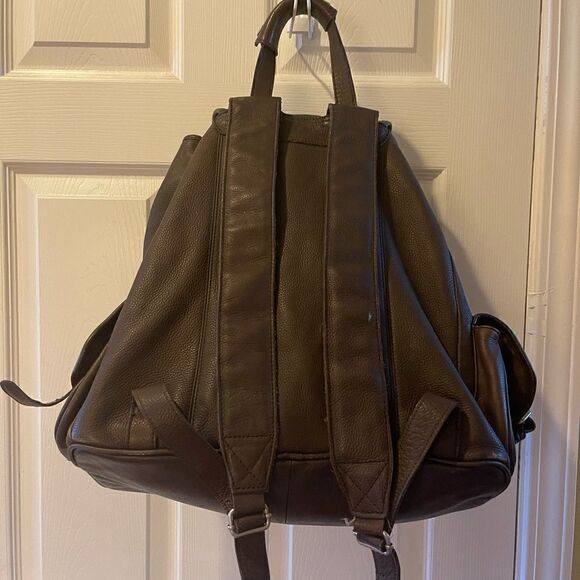 Vintage leather Brown Large Backpack saddle bag. antique tone hardwares. main image 11